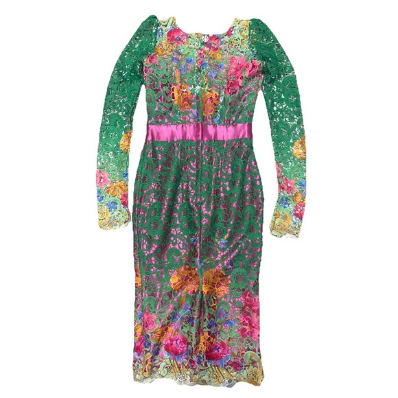 Handmade macramé floral bright green satin lace midi dress S whimsical fairy - Picture 2 of 13